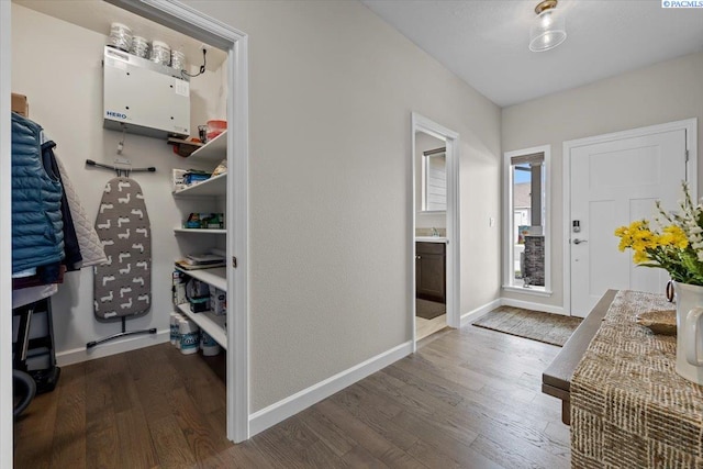 entrance foyer with baseboards and wood finished floors