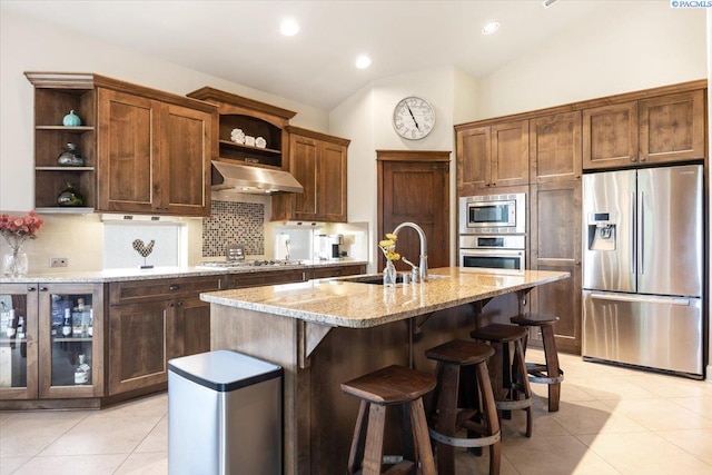 kitchen featuring sink, stainless steel appliances, light stone countertops, a center island with sink, and vaulted ceiling