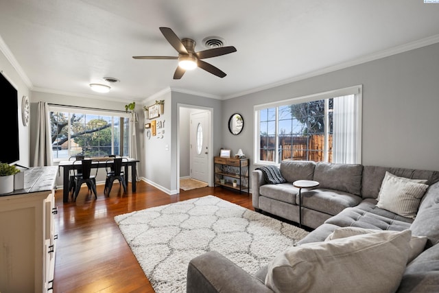 living room with baseboards, visible vents, ornamental molding, and dark wood-style flooring