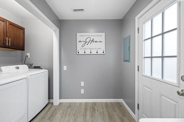 washroom with cabinet space, baseboards, visible vents, and light wood finished floors