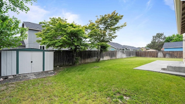 view of yard featuring a patio, a storage unit, and an outbuilding