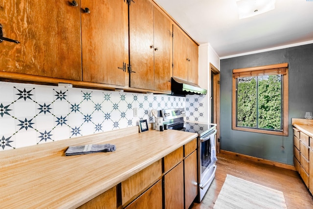 1830 Hunt Pt, Richland, WA 99354 - kitchen with stainless steel electric range, under cabinet range hood, light wood finished floors, and light countertops