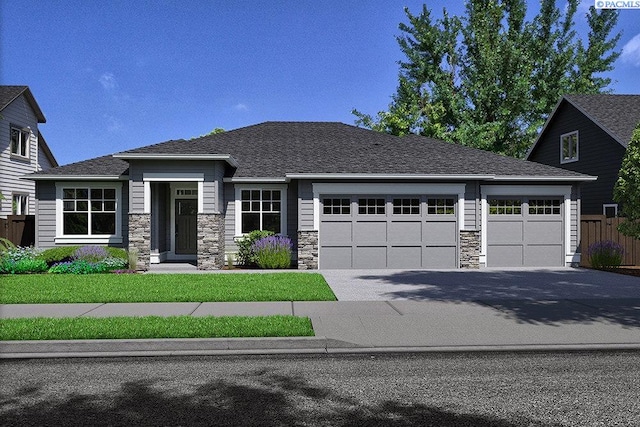 12101 Vincenzo Dr, Pasco, WA 99301 - prairie-style home with stone siding, a garage, fence, a shingled roof, and driveway