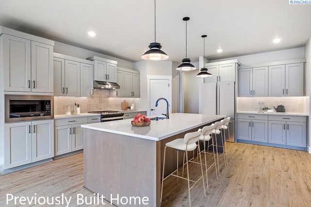 12101 Vincenzo Dr, Pasco, WA 99301 - kitchen with tasteful backsplash, under cabinet range hood, light countertops, built in microwave, and light wood-style floors