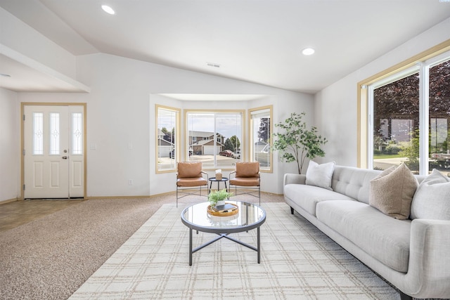 5811 Austin Ct, Pasco, WA 99301 - living room featuring lofted ceiling, healthy amount of natural light, recessed lighting, and carpet floors