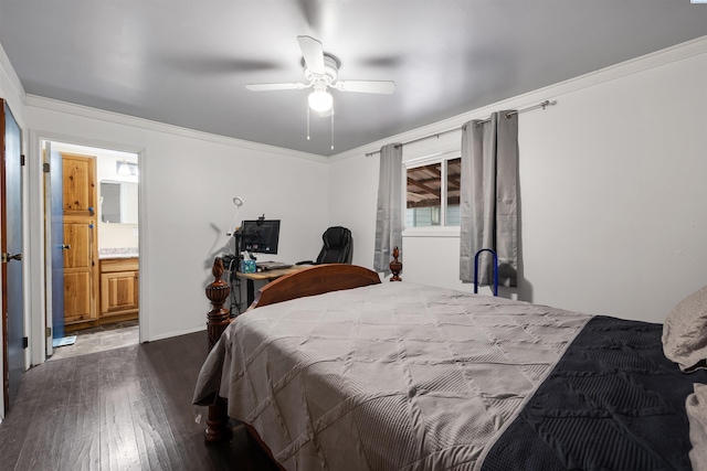 bedroom with crown molding, dark wood-type flooring, ceiling fan, and ensuite bathroom