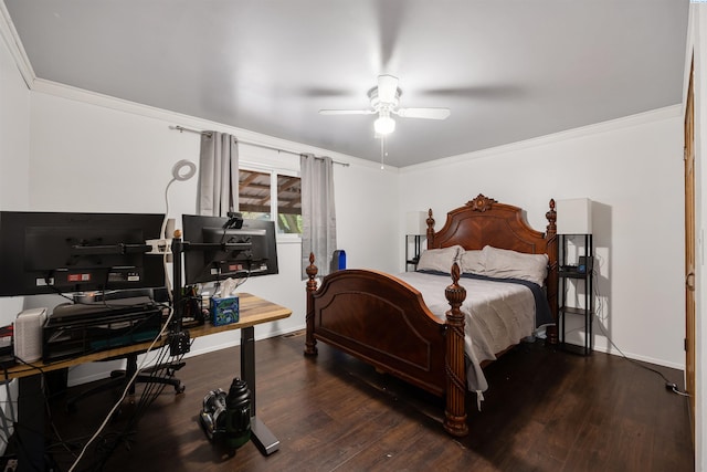 bedroom with wood-type flooring, ornamental molding, and ceiling fan