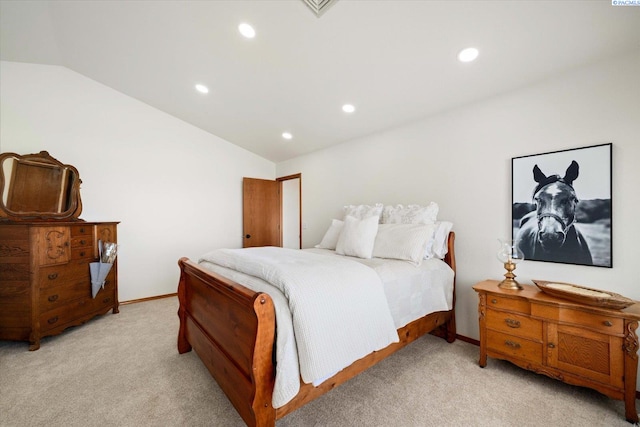 bedroom featuring lofted ceiling, light colored carpet, baseboards, and recessed lighting