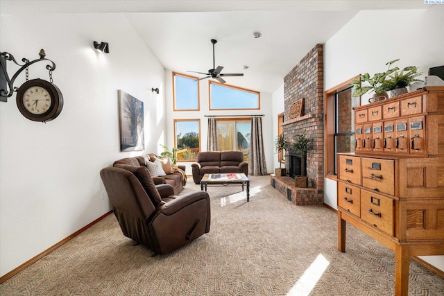 living room featuring ceiling fan, high vaulted ceiling, a fireplace, and light colored carpet