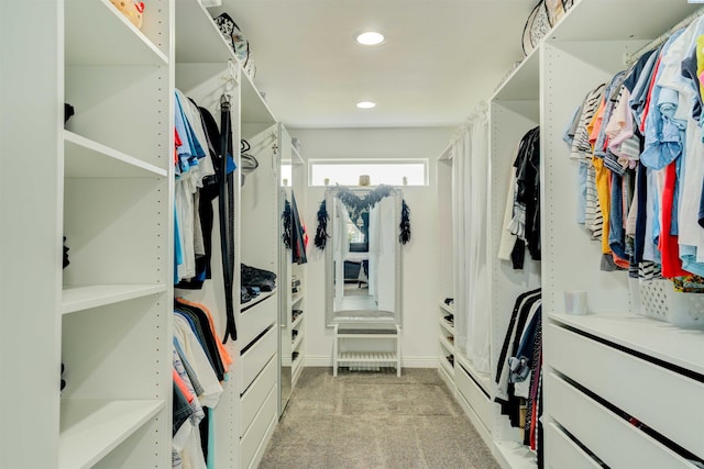 walk in closet with light colored carpet