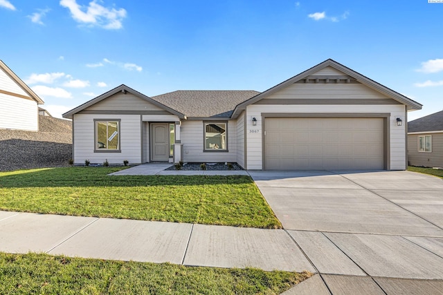 single story home with a garage, roof with shingles, concrete driveway, and a front yard