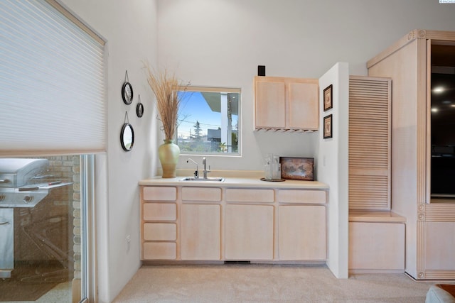 kitchen featuring sink, light carpet, and light brown cabinetry