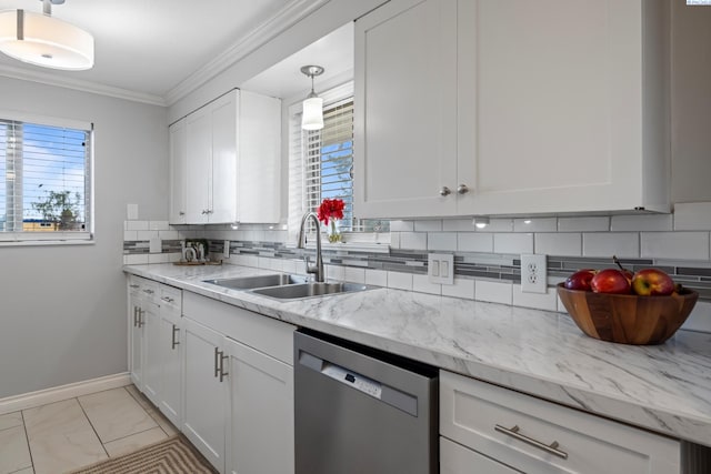 kitchen featuring ornamental molding, dishwasher, sink, and white cabinets