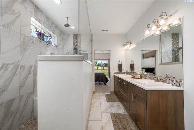 3905 Orchard St, West Richland, WA 99353 - ensuite bathroom featuring a marble finish shower, double vanity, and recessed lighting