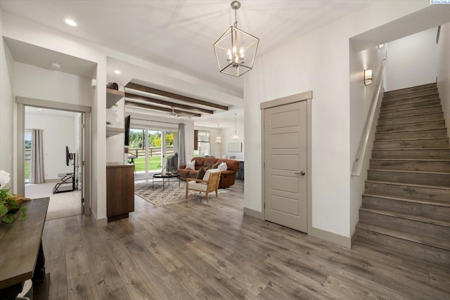3905 Orchard St, West Richland, WA 99353 - entryway featuring wood finished floors, stairs, a chandelier, beam ceiling, and recessed lighting