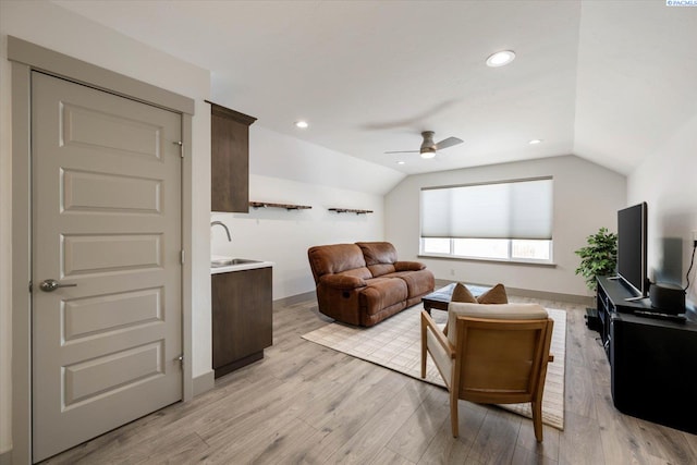 3905 Orchard St, West Richland, WA 99353 - living room featuring lofted ceiling, light wood finished floors, a ceiling fan, and recessed lighting