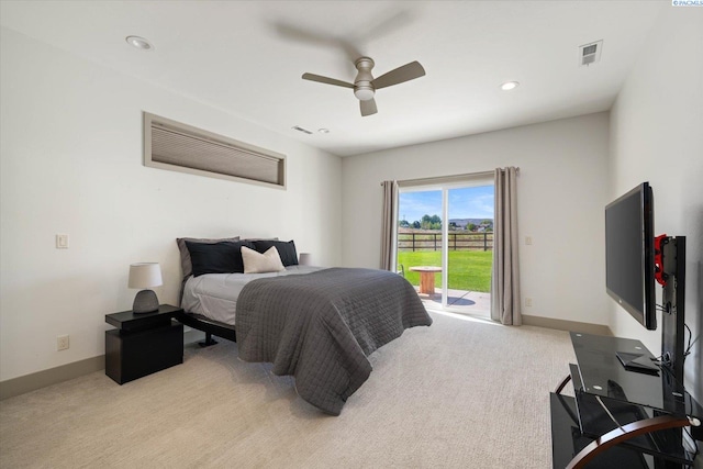 3905 Orchard St, West Richland, WA 99353 - bedroom with access to exterior, light colored carpet, baseboards, ceiling fan, and recessed lighting