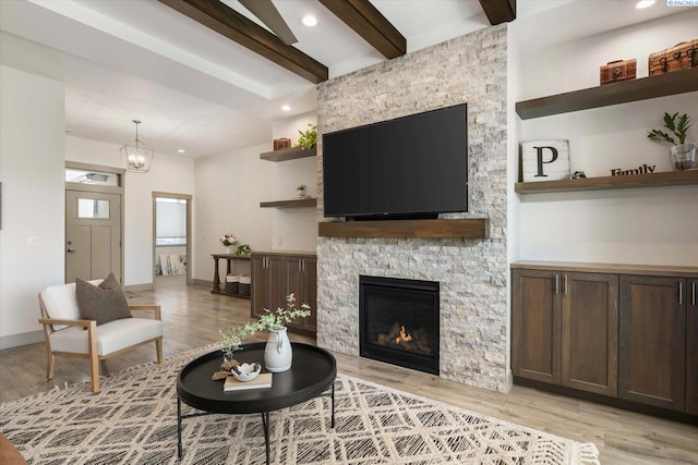 3905 Orchard St, West Richland, WA 99353 - living area with beam ceiling, a chandelier, light wood finished floors, a fireplace, and recessed lighting