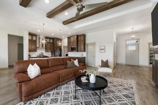 3905 Orchard St, West Richland, WA 99353 - living area featuring a chandelier, light wood-type flooring, baseboards, beamed ceiling, and recessed lighting
