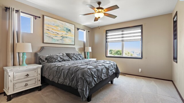 bedroom with light carpet, baseboards, and multiple windows