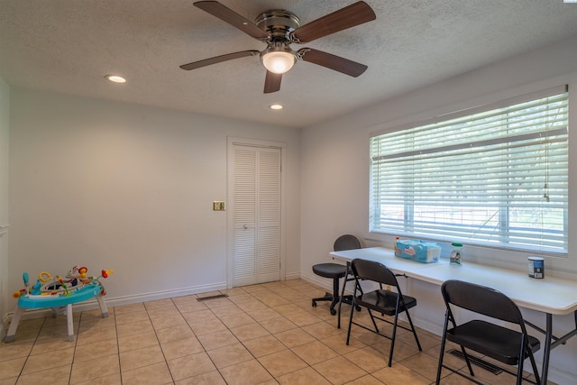 775 S 4th Ave, Othello, WA 99344 - dining space featuring a textured ceiling, recessed lighting, light tile patterned floors, a ceiling fan, and a desk