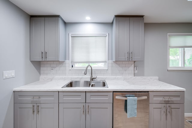 1315 NW Haven Cir, Pullman, WA 99163 - kitchen with dishwasher, a sink, gray cabinetry, decorative backsplash, and recessed lighting