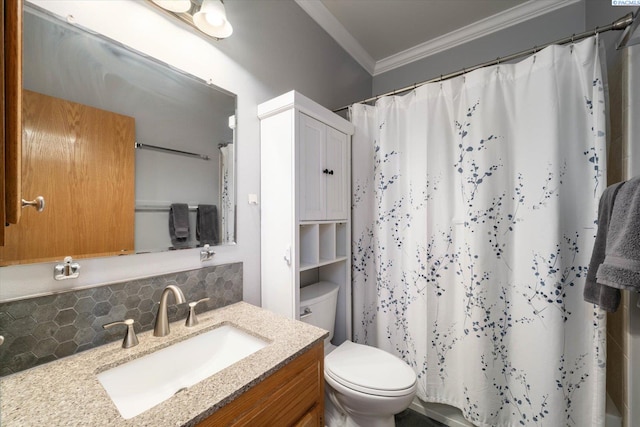 521 Eastgate Dr, Prosser, WA 99350 - full bath with ornamental molding, toilet, decorative backsplash, vanity, and a shower with curtain