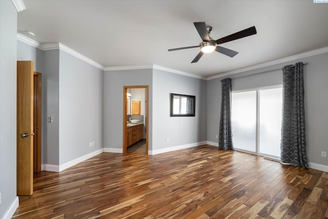 521 Eastgate Dr, Prosser, WA 99350 - empty room with dark wood-style flooring, ornamental molding, ceiling fan, and baseboards