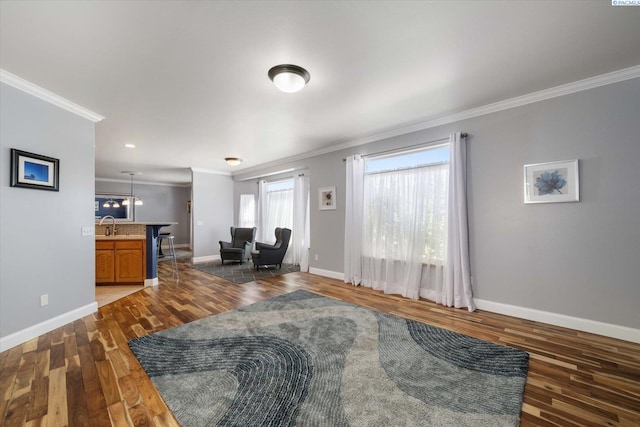 521 Eastgate Dr, Prosser, WA 99350 - living area featuring ornamental molding, dark wood-style floors, and baseboards