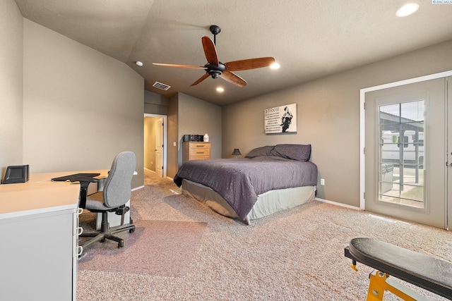 4016 W Ruby, Pasco, WA 99301 - carpeted bedroom with vaulted ceiling, an office area, recessed lighting, a ceiling fan, and access to outside