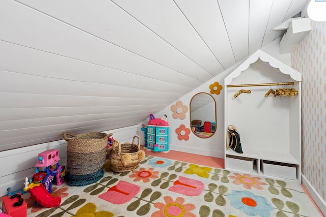 playroom with lofted ceiling and wooden ceiling