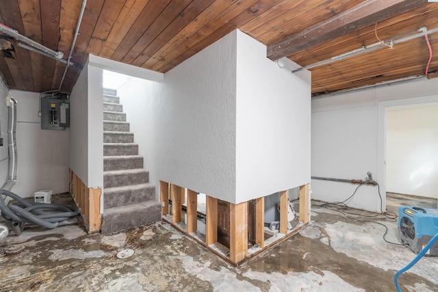 615 SW Winter Cir, Pullman, WA 99163 - basement featuring stairs, electric panel, and wood ceiling