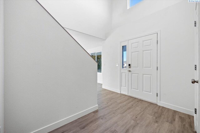 entryway featuring a towering ceiling and light hardwood / wood-style flooring