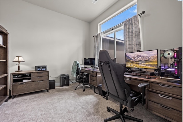 office featuring carpet floors and lofted ceiling