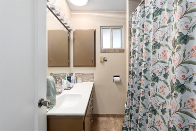 bathroom featuring vanity, tile patterned flooring, and walk in shower