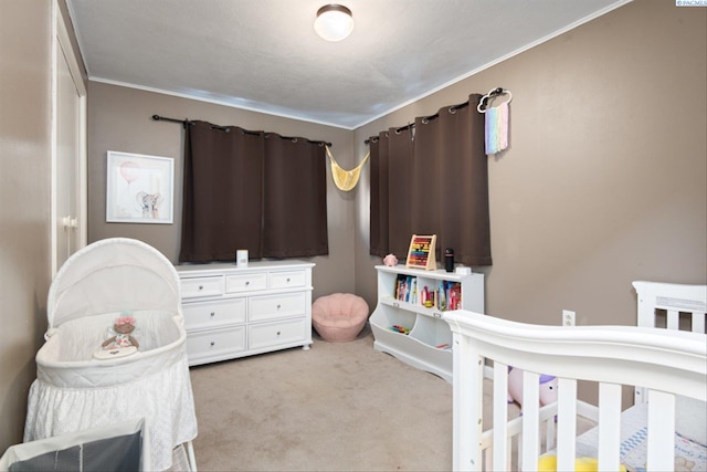 carpeted bedroom with crown molding