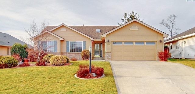 ranch-style house with a garage and a front lawn