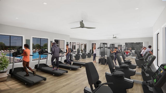 gym featuring ceiling fan and light wood-type flooring