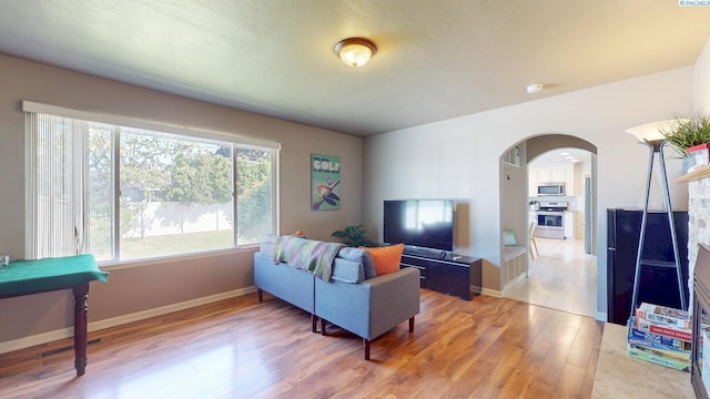 living area with arched walkways, baseboards, light wood-style flooring, and visible vents