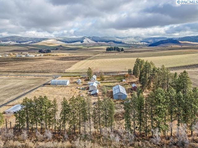 birds eye view of property featuring a mountain view and a rural view