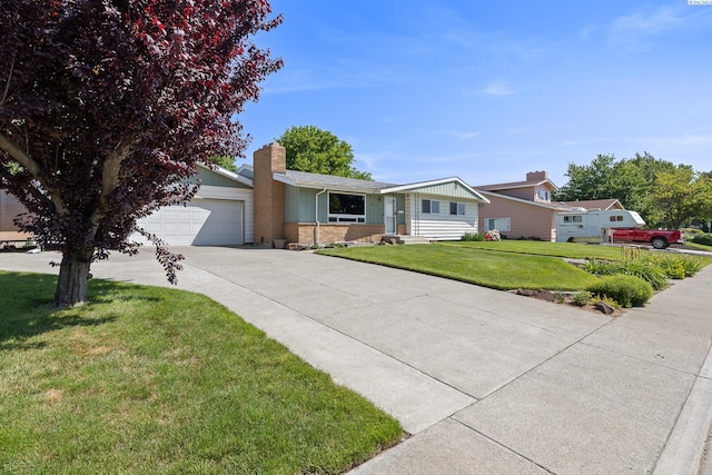 2120 Austin St, Richland, WA 99354 - ranch-style house featuring driveway, a chimney, brick siding, a garage, and a front lawn