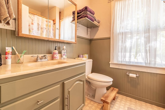 bathroom with wooden walls, vanity, and toilet