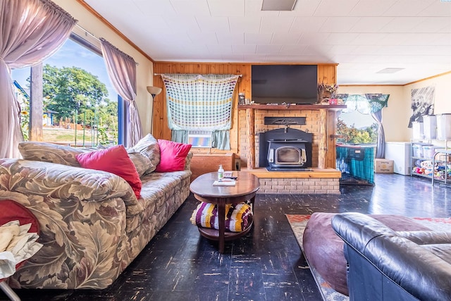 living room featuring cooling unit, crown molding, wooden walls, and a wood stove