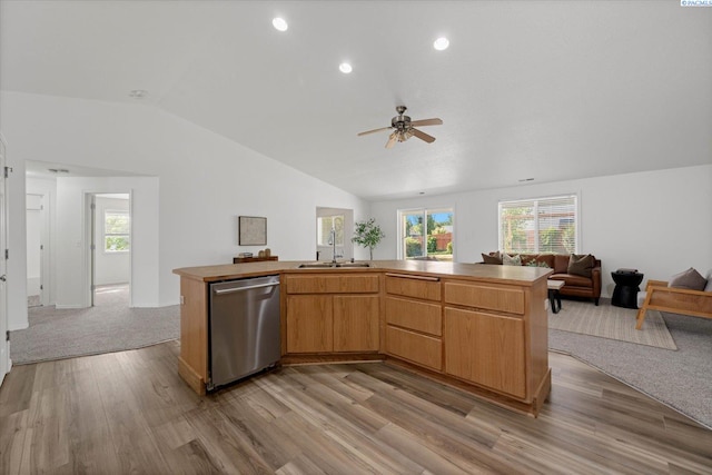 1713 W 39th Ave, Kennewick, WA 99337 - kitchen with stainless steel dishwasher, open floor plan, vaulted ceiling, light wood-type flooring, and ceiling fan