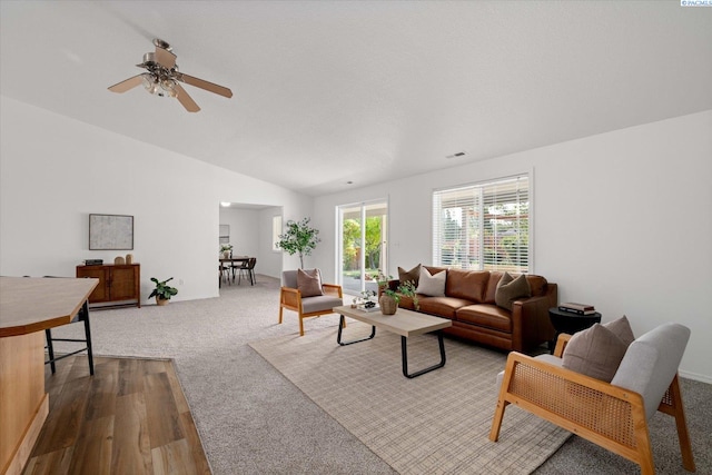 1713 W 39th Ave, Kennewick, WA 99337 - living room with vaulted ceiling, ceiling fan, and dark wood-style floors