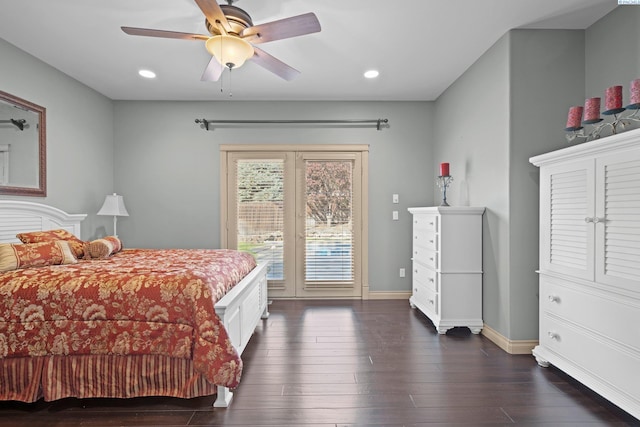 bedroom featuring dark hardwood / wood-style floors, access to exterior, and ceiling fan