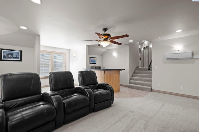 carpeted home theater room with ceiling fan and a wall mounted AC