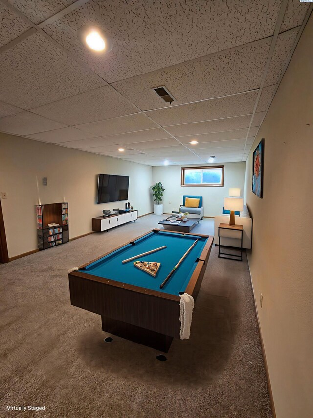 5307 W Irving St, Pasco, WA 99301 - recreation room featuring carpet flooring, a paneled ceiling, billiards, and baseboards