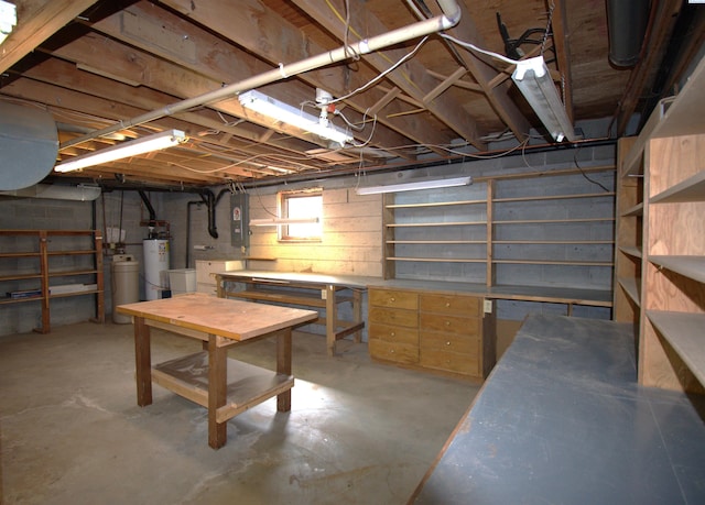 below grade area with a workshop area, gas water heater, and electric panel
