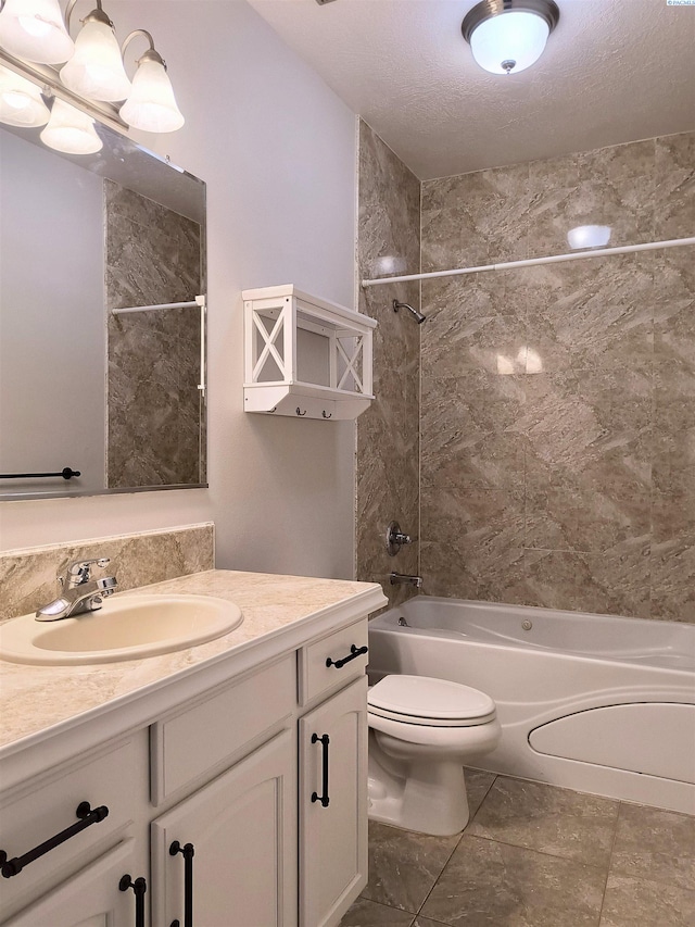 bathroom featuring a textured ceiling, vanity, shower / tub combination, and toilet